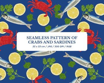 Seamless pattern of crabs, sardines, and lemons. Repeating background of marine animals. Ocean print for sublimation. digital paper