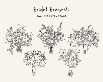 Hand drawn bridal bouquet. SVG/PNG/Canva flower bouquet for invitations, stationery, and design. Instant download clipart