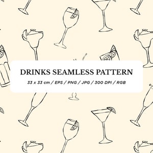 Puede incluir: Un patrón sin costuras que presenta dibujos de línea negra de varios cócteles y bebidas sobre un fondo beige claro. El patrón incluye una copa de martini, una copa de margarita, una copa de champán, un vaso alto con una pajita y un vaso con una rodaja de cítricos. El texto "DRINKS SEAMLESS PATTERN" está incluido en la imagen. El patrón es de 33 cm por 33 cm.