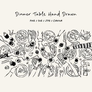 Puede incluir: Ilustración dibujada a mano en blanco y negro de una mesa de comedor con comida, bebidas y manos de personas que alcanzan platos. La ilustración es una vista desde arriba de la mesa, mostrando una variedad de platos, incluyendo una gran fuente de comida en el centro.