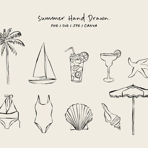K&ouml;nnte beinhalten: Ein Satz handgezeichneter Illustrationen in Schwarzwei&szlig; von Sommerurlaubsgegenst&auml;nden, darunter eine Palme, ein Segelboot, ein Cocktail, eine Margarita, ein Seestern, ein Badeanzug, eine Muschel und ein Sonnenschirm. PNG | SVG | JPG | CANVA