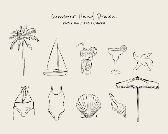 Hand drawn summer illustrations. Icons in SVG/PNG/Canva format for invitations, stationery, and design. Instant download clipart.