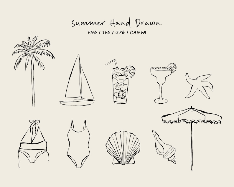 K&ouml;nnte beinhalten: Ein Satz handgezeichneter Illustrationen in Schwarzwei&szlig; von Sommerurlaubsgegenst&auml;nden, darunter eine Palme, ein Segelboot, ein Cocktail, eine Margarita, ein Seestern, ein Badeanzug, eine Muschel und ein Sonnenschirm. PNG | SVG | JPG | CANVA