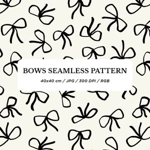Puede incluir: Un patrón sin costuras con lazos negros dibujados a mano sobre un fondo beige claro. El patrón es de 40x40 cm, 300 DPI y en modo de color RGB. "BOWS SEAMLESS PATTERN" está escrito en texto negro sobre un rectángulo blanco.