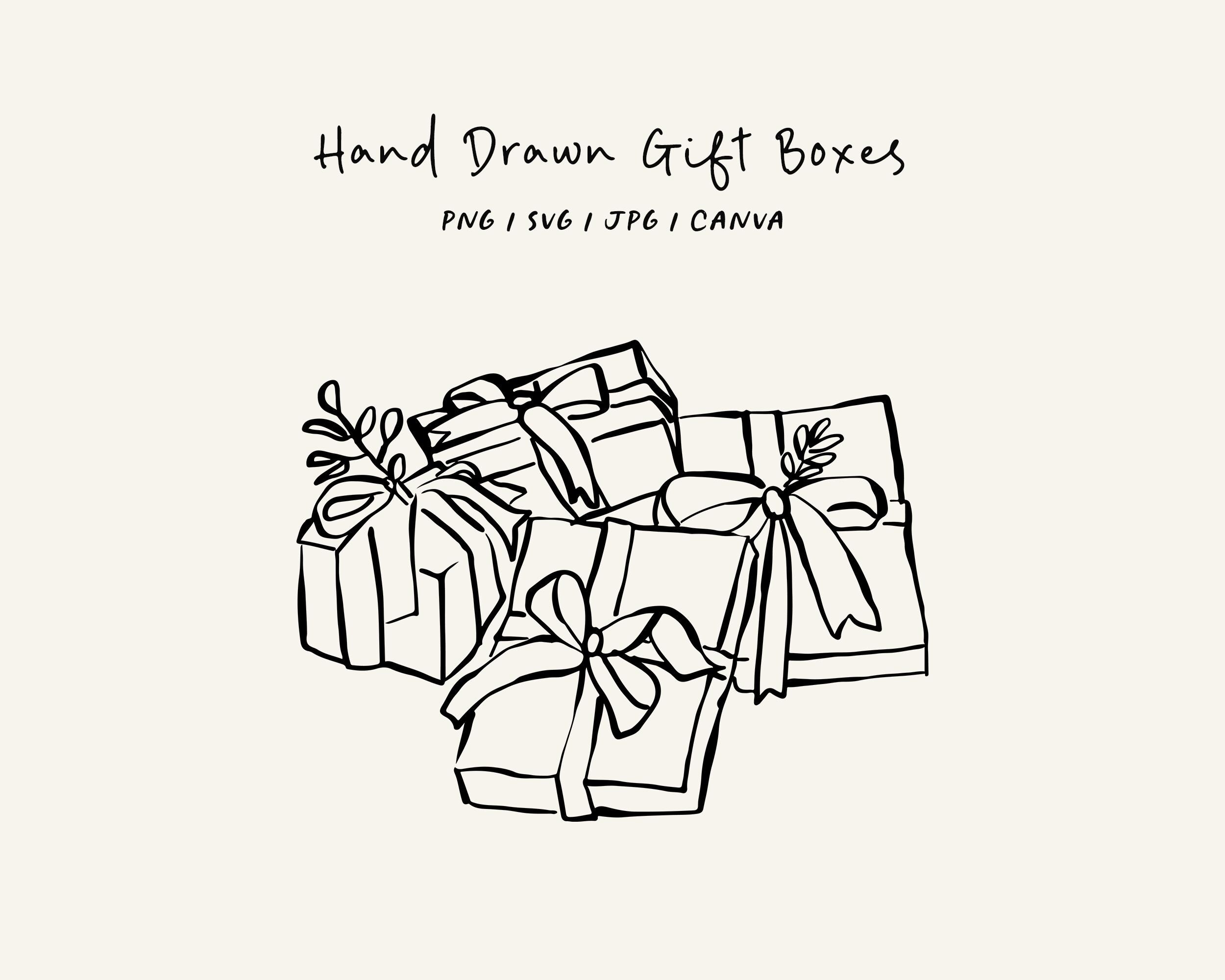 Hand drawn gift boxes SVG, PNG, CANVA. Christmas illustration for cards, invitations or social media design.