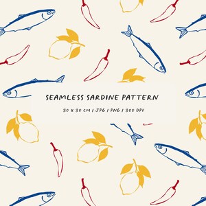 Puede incluir: Un patrón continuo con sardinas dibujadas en azul, limones amarillos con hojas y chiles rojos sobre un fondo crema. El texto dice SEAMLESS SARDINE PATTERN 30 x 30 CM | JPG | PNG | 300 DPI.