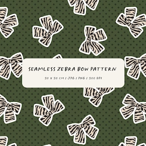 Puede incluir: Patrón sin costuras con lazos con estampado de cebra sobre un fondo verde oscuro con pequeños lunares. Los lazos tienen un borde blanco. El texto de la imagen dice "SEAMLESS ZEBRA BOW PATTERN" y "30 x 30 CM".