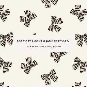 Puede incluir: Un patrón sin costuras con lazos con estampado de cebra sobre un fondo crema. Los lazos son negros y blancos, con un diseño de rayas de cebra. Se incluye el texto "SEAMLESS ZEBRA BOW PATTERN". El tamaño del patrón es de 30 x 30 cm.
