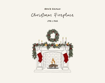 Hand-drawn Christmas fireplace JPG and PNG. Christmas illustration for cards, invitations, stationery, or social media. Icon