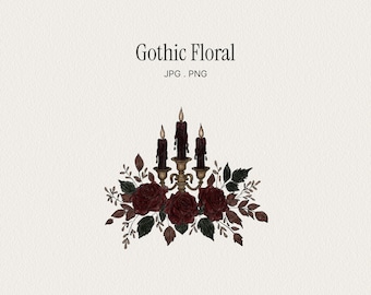 Gothic Red Rose Illustration with Vintage Candelabra. Dark Coquette. PNG & JPG