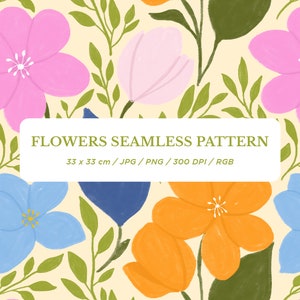 Puede incluir: Un patrón sin costuras con flores rosas, azules y naranjas con hojas verdes sobre un fondo amarillo claro. El texto "FLOWERS SEAMLESS PATTERN 33 x 33 cm/JPG/PNG/300 DPI/RGB" se muestra en un rectángulo blanco.