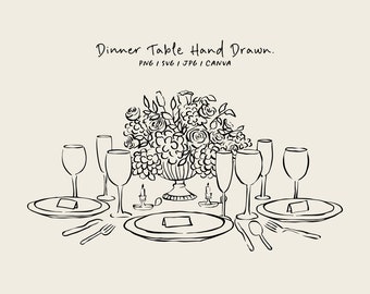 Hand drawn dinner table (SVG, PNG, CANVA). Tablescape for invitations, stationery, or branding. Dinner icon for party invitations.