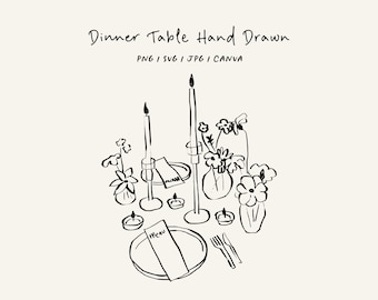 Hand drawn dinner table SVG, PNG, CANVA. Tablescape for invitation, stationery or branding. Dinner icon for party invitation