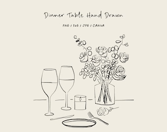 Hand drawn dinner table SVG, PNG, CANVA. Illustration for invitation, menu, stationery or branding. Dinner icon.