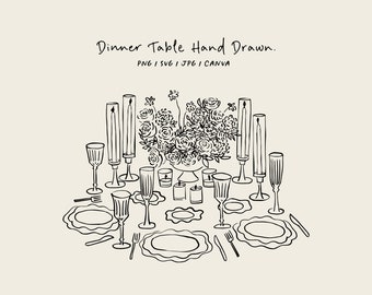 Hand drawn dinner table (SVG, PNG, CANVA). Tablescape for invitations, stationery, or branding. Table icon for party invitations.