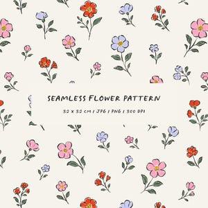 Puede incluir: Un patrón floral sin costuras con flores dibujadas a mano en rosa, rojo y morado sobre un fondo crema. Las flores tienen tallos y hojas verdes. Se muestra el texto "SEAMLESS FLOWER PATTERN". Dimensiones: 32 x 32 cm.