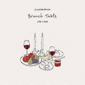 Puede incluir: Ilustración de una mesa de brunch con copas de vino, platos de fruta, queso y mermelada, y dos velas encendidas. El texto "Brunch Table" está escrito a mano encima de la imagen.