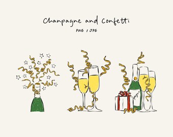 Pack of hand drawn champagne and confetti illustrations. Icons in JPG and PNG format for invitations, stationery, and design. clip art