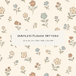 Puede incluir: Un patrón floral sin costuras con flores melocotón, azules y crema y hojas verdes sobre un fondo crema. El diseño incluye el texto "SEAMLESS FLOWER PATTERN" y dimensiones de 32 x 32 cm.