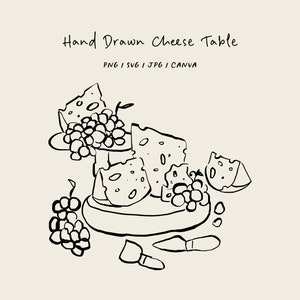 Puede incluir: Un dibujo en blanco y negro de una tabla de queso con varios tipos de queso, uvas y un cuchillo. La tabla de queso es redonda y tiene un borde elevado. El queso está dispuesto en una variedad de formas y tamaños. Las uvas están agrupadas y tienen forma de racimo. El cuchillo está sobre la tabla de queso.