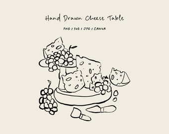 May include: A black and white line drawing of a cheese board with various types of cheese, grapes, and a knife. The cheese board is round and has a raised edge. The cheese is arranged in a variety of shapes and sizes. The grapes are clustered together and are in the shape of a bunch. The knife is lying on the cheese board.