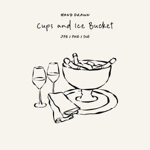 Puede incluir: Ilustración dibujada a mano de una cubitera con botellas, dos copas de vino y una servilleta doblada. El texto dice "Cups and Ice Bucket" y "JPG | PNG | SVG". La imagen es en blanco y negro.
