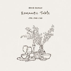 Puede incluir: Ilustración dibujada a mano de una mesa romántica. La imagen presenta una vela alta, copas de vino, un cuenco, un plato y un jarrón con elementos florales. El texto "Romantic Table" está escrito en la parte superior.