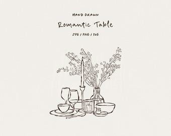 Romantic table with candles and hand drawn flowers. Minimalist illustration for invitations, special dinners, stationery, and branding.
