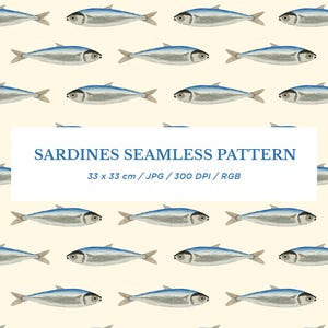 Puede incluir: Un patrón sin costuras que presenta un diseño repetitivo de sardinas azules y plateadas sobre un fondo amarillo claro. El texto "SARDINES SEAMLESS PATTERN" está centrado en la parte inferior de la imagen. El texto "33 x 33 cm / JPG / 300 DPI / RGB" está centrado debajo del título.