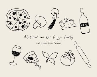 Pizza Hand Drawn Illustrations Bundle in SVG/PNG/Canva for Invitations, Stationery, Design. Instant Download Clipart