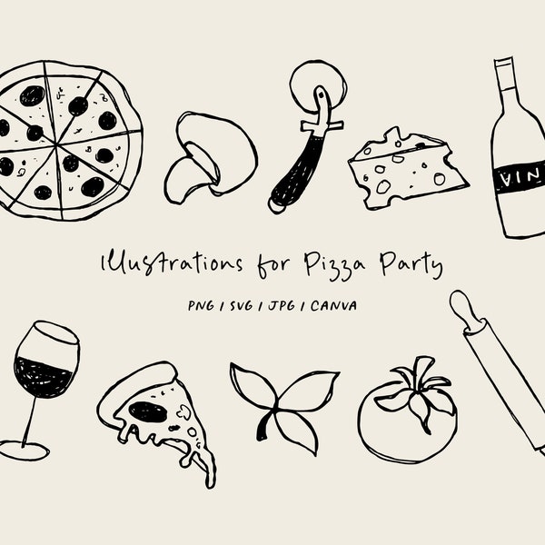 Paquete de ilustraciones dibujadas a mano de pizza en SVG/PNG/Canva para invitaciones, papelería, diseño. Clipart de descarga instantánea