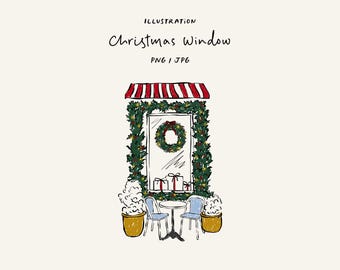 Christmas window illustration in PNG and JPG. Window decorated with garlands. Christmas restaurant exterior for invitations and stationery.