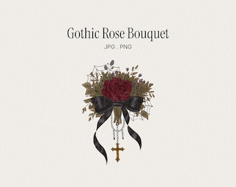 Gothic Rose Bouquet with Rosary and Black Bow Illustration. PNG & JPG