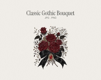 Gothic Red Rose Bouquet Illustration with Black Bow. PNG & JPG
