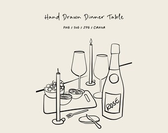 Hand drawn dinner table (SVG, PNG, CANVA). Tablescape for invitations, stationery, or branding. Dinner icon for party invitations.