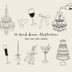 Puede incluir: Un conjunto de 10 ilustraciones dibujadas a mano para la decoración de bodas o fiestas. Las ilustraciones incluyen una lámpara de araña, una copa de vino, copas de champán, un pastel, una vela, una copa de martini, un tenedor y un cuchillo, un lazo y dos corazones.