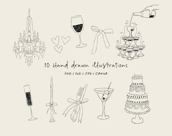 Hand drawn illustration pack. Icons in SVG / PNG / Canva for invitations, stationery, design. Instant Download Clipart