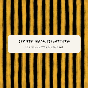 Puede incluir: Patrón sin costuras con rayas verticales negras y amarillas. La imagen incluye el texto "STRIPED SEAMLESS PATTERN" y dimensiones de 33 x 33 cm. La imagen también incluye el texto "JPG | 300 DPI | RGB".