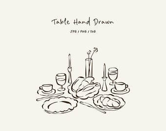 Hand drawn table in SVG, PNG, and JPG formats. Tablescape for invitations, stationery, or branding. Dinner icon for invitations. Brunch.