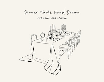 Hand drawn dinner table (SVG, PNG, CANVA). Tablescape for invitations, stationery, or branding. Table icon for party invitations.