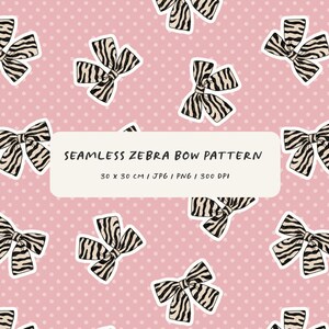 Puede incluir: Patrón sin costuras con lazos de cebra sobre un fondo rosa de lunares. Los lazos, con un estampado de cebra en blanco y negro, están delineados en blanco. El texto dice "SEAMLESS ZEBRA BOW PATTERN", con dimensiones de 30 x 30 cm.