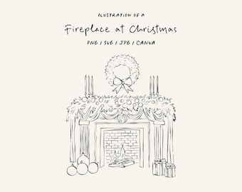 Hand-drawn Christmas fireplace SVG, PNG, CANVA. Christmas illustration for cards, invitations, stationery, or social media.