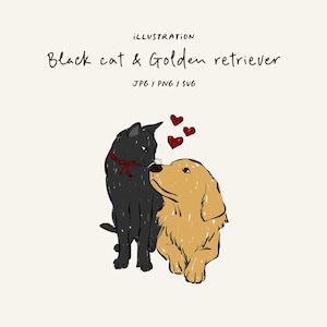 Puede incluir: Ilustración de un gato negro y un golden retriever, con tres corazones rojos flotando encima. El gato lleva una cinta roja. El texto dice "ILLUSTRATION", "Black cat & Golden retriever" y "JPG | PNG | SVG".
