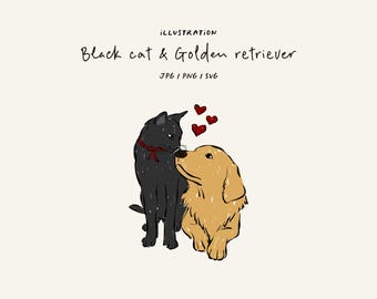 Hand drawn black cat and golden retriever illustration. Romantic couple art, love gift, wedding, Valentine's Day. SVG, PNG, JPG