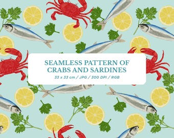 Seamless pattern of crabs, sardines, and lemons. Repeating background of marine animals. Ocean print for sublimation. digital paper