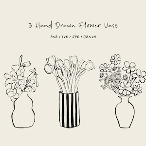 May include: Three black and white line drawings of flower arrangements in vases. The first vase is round and has a bouquet of lilies. The second vase is striped and has a bouquet of tulips. The third vase is round and has a bouquet of small flowers.