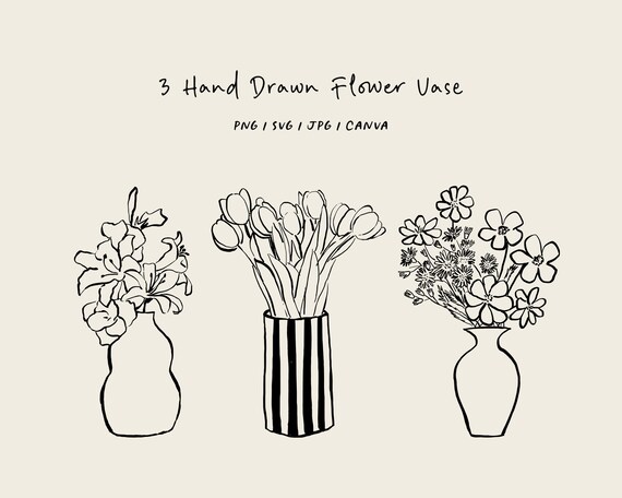 Hand drawn flower vase set. Clip art floral arrangement in a vase. Minimalist illustration for weddings, events, and branding. Line art