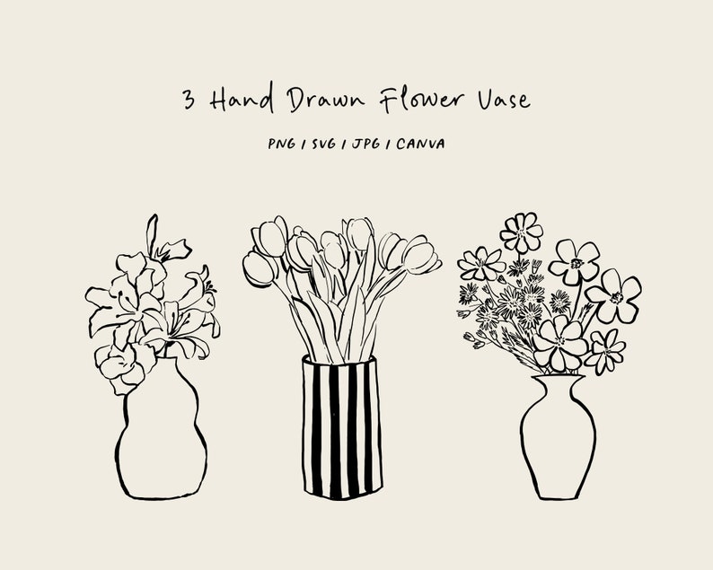 May include: Three black and white line drawings of flower arrangements in vases. The first vase is round and has a bouquet of lilies. The second vase is striped and has a bouquet of tulips. The third vase is round and has a bouquet of small flowers.