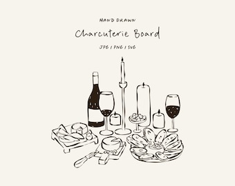 Hand drawn charcuterie board SVG, PNG, and JPG.  Wine and Cheese Illustrations for invitations, stationery, or branding.