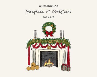 Hand-drawn Christmas fireplace PNG and JPG. Christmas illustration for cards, invitations, stationery, or social media.